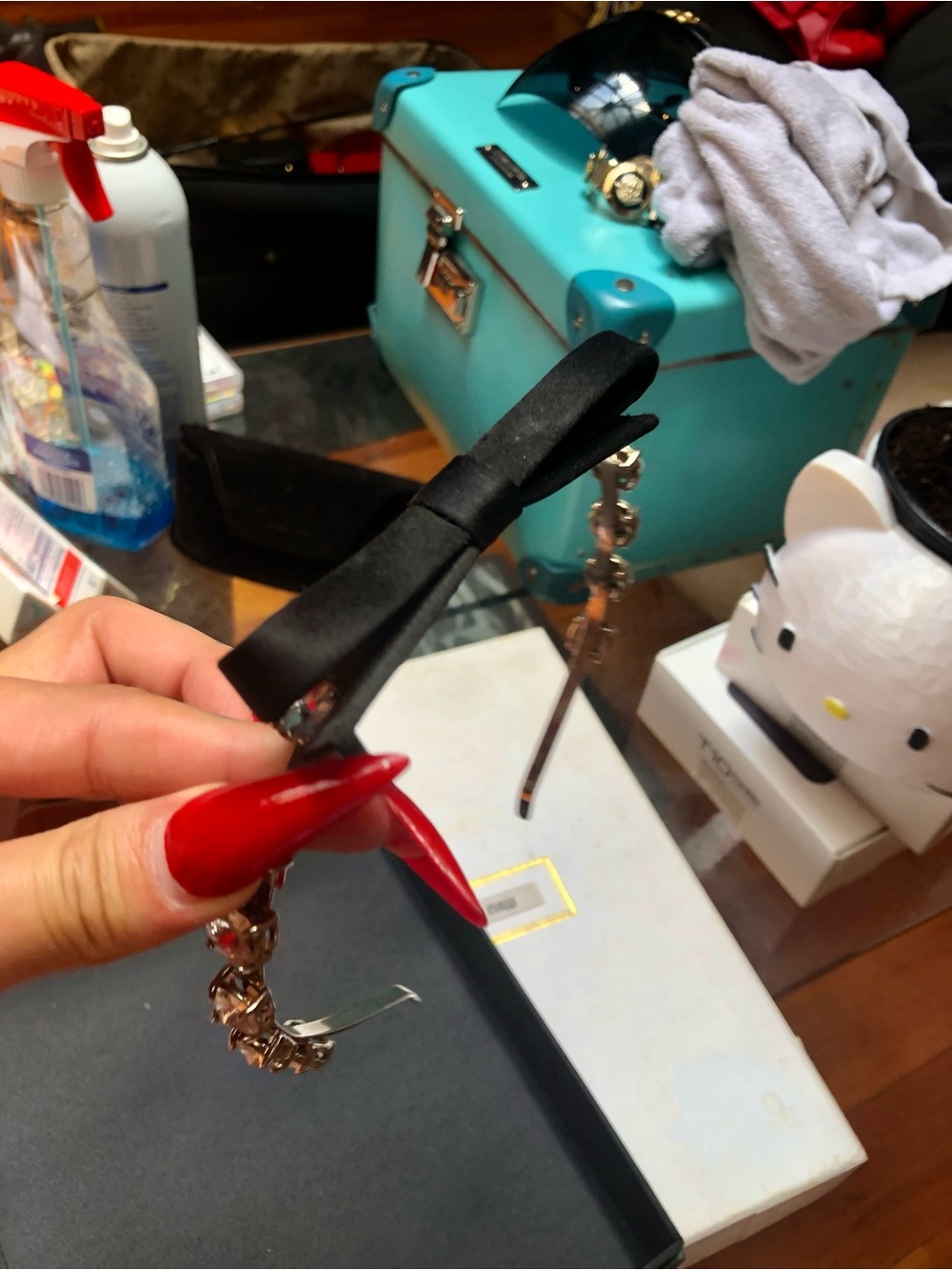 Miu Miu Black Satin Bow Hair Clip with Rhinestone Accent.